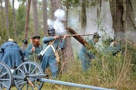 US Army troops fighting for their life after being attacked by Seminole Indians in 1835 near Bushnell, Florida